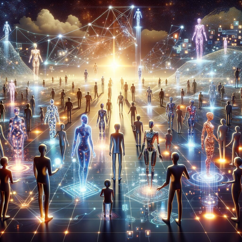 AI agents collaborating in a digital landscape.