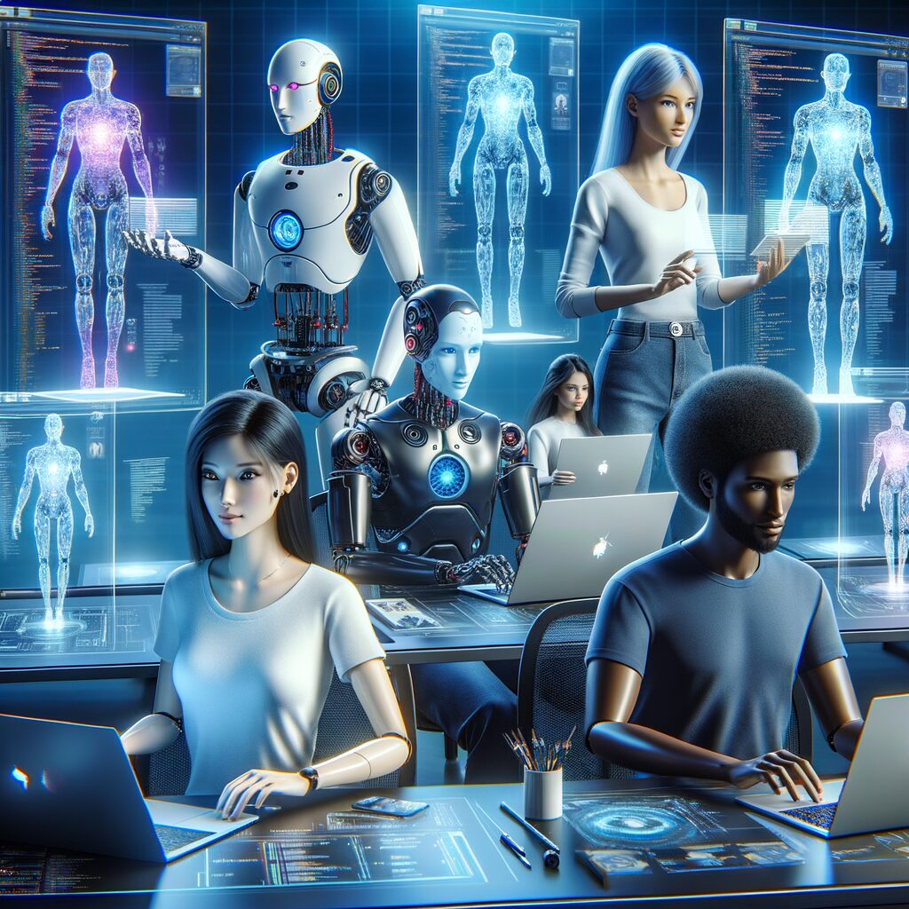AI agents collaborating in a digital workspace.