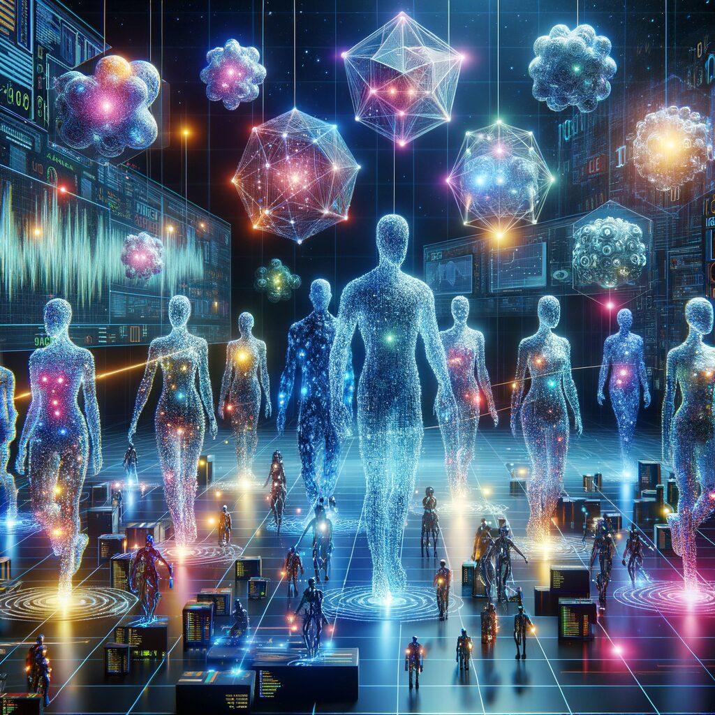 AI agents collaborating in a digital workspace.
