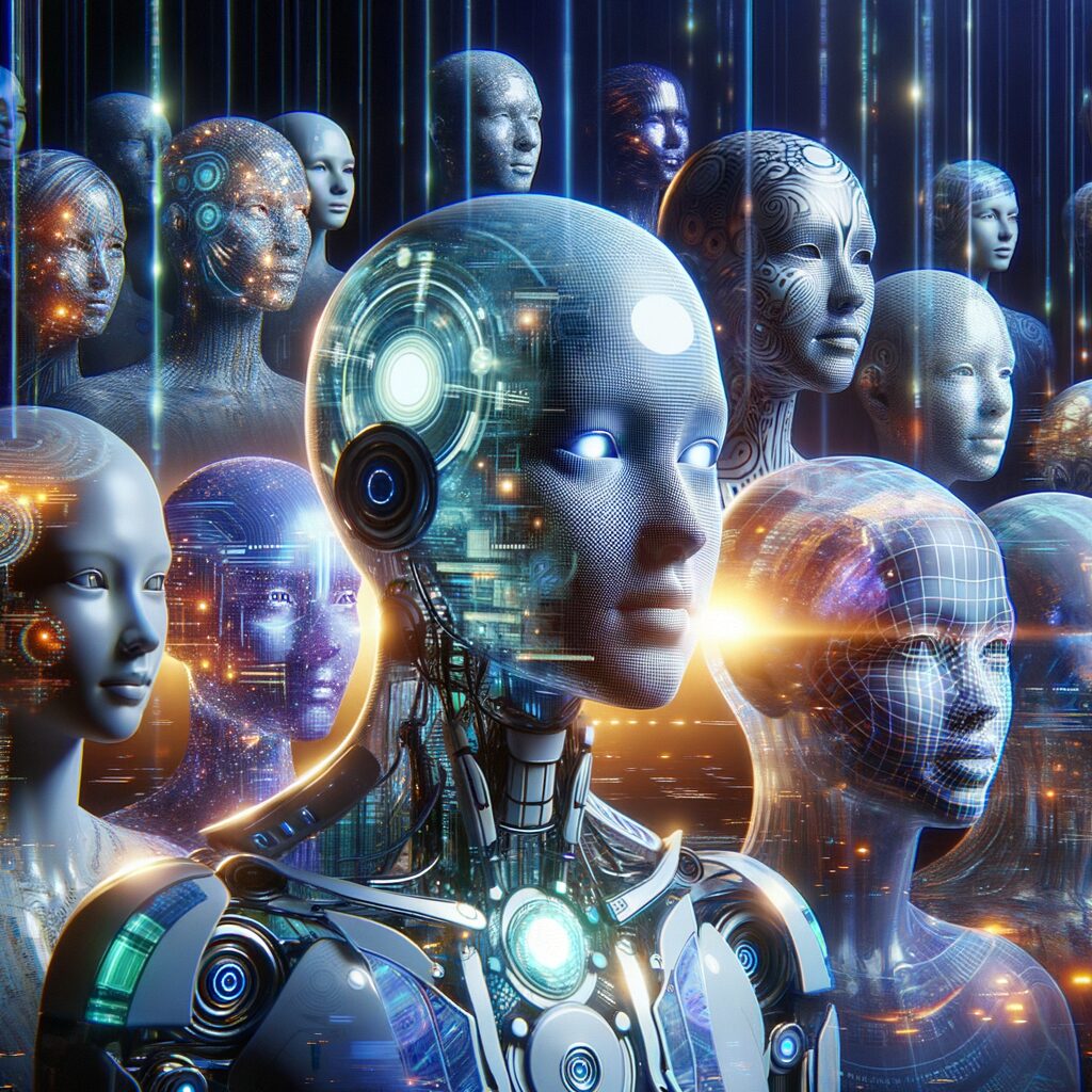 Futuristic AI agents collaborating in digital ecosystem.