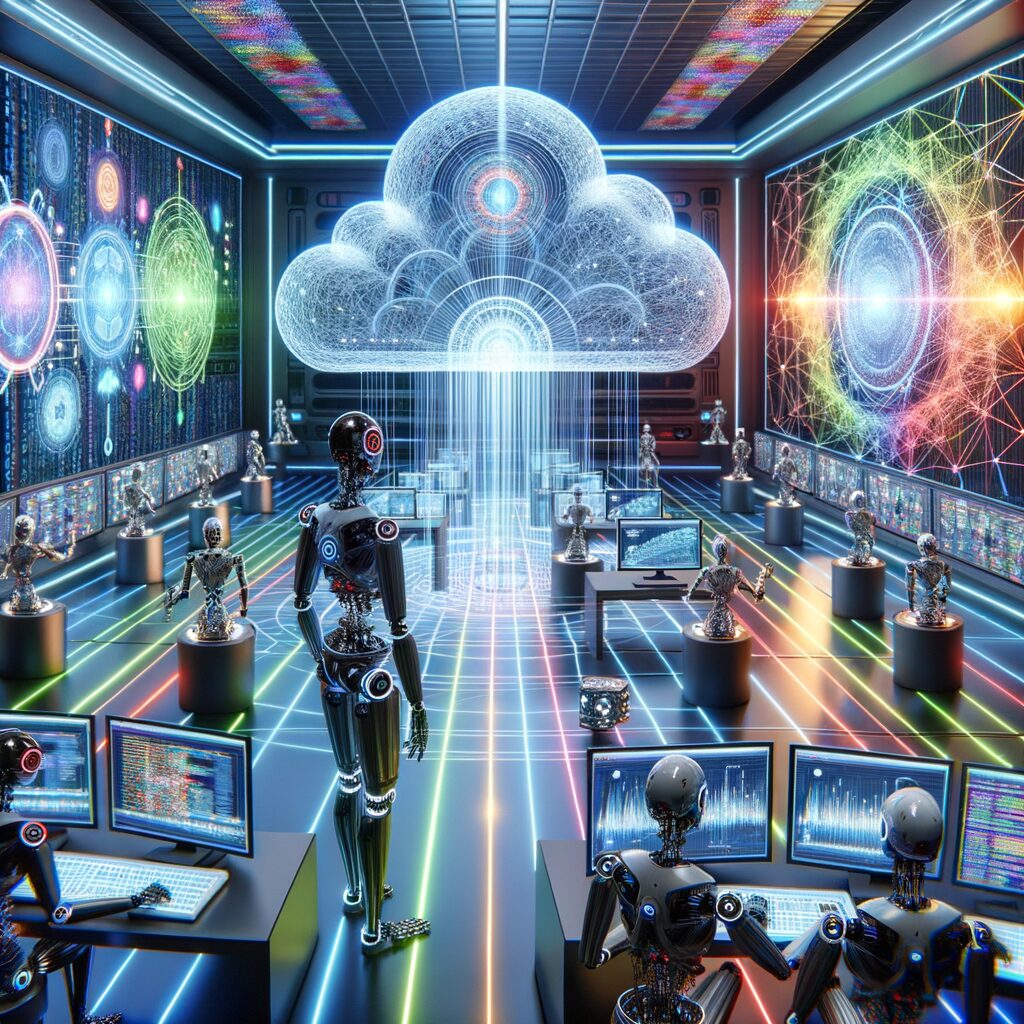 Futuristic AI agents managing digital operations.