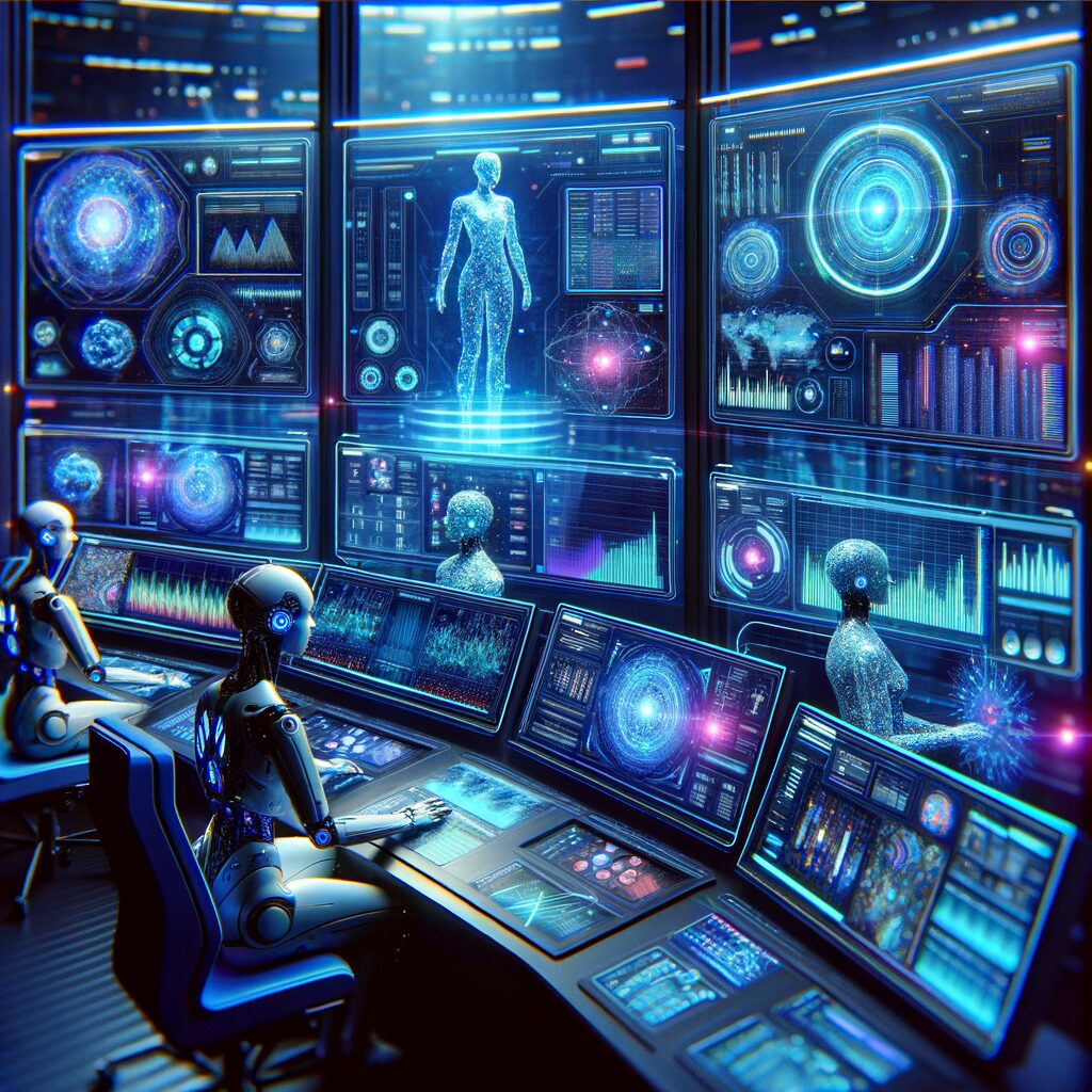 Futuristic AI agents managing dynamic dashboards.