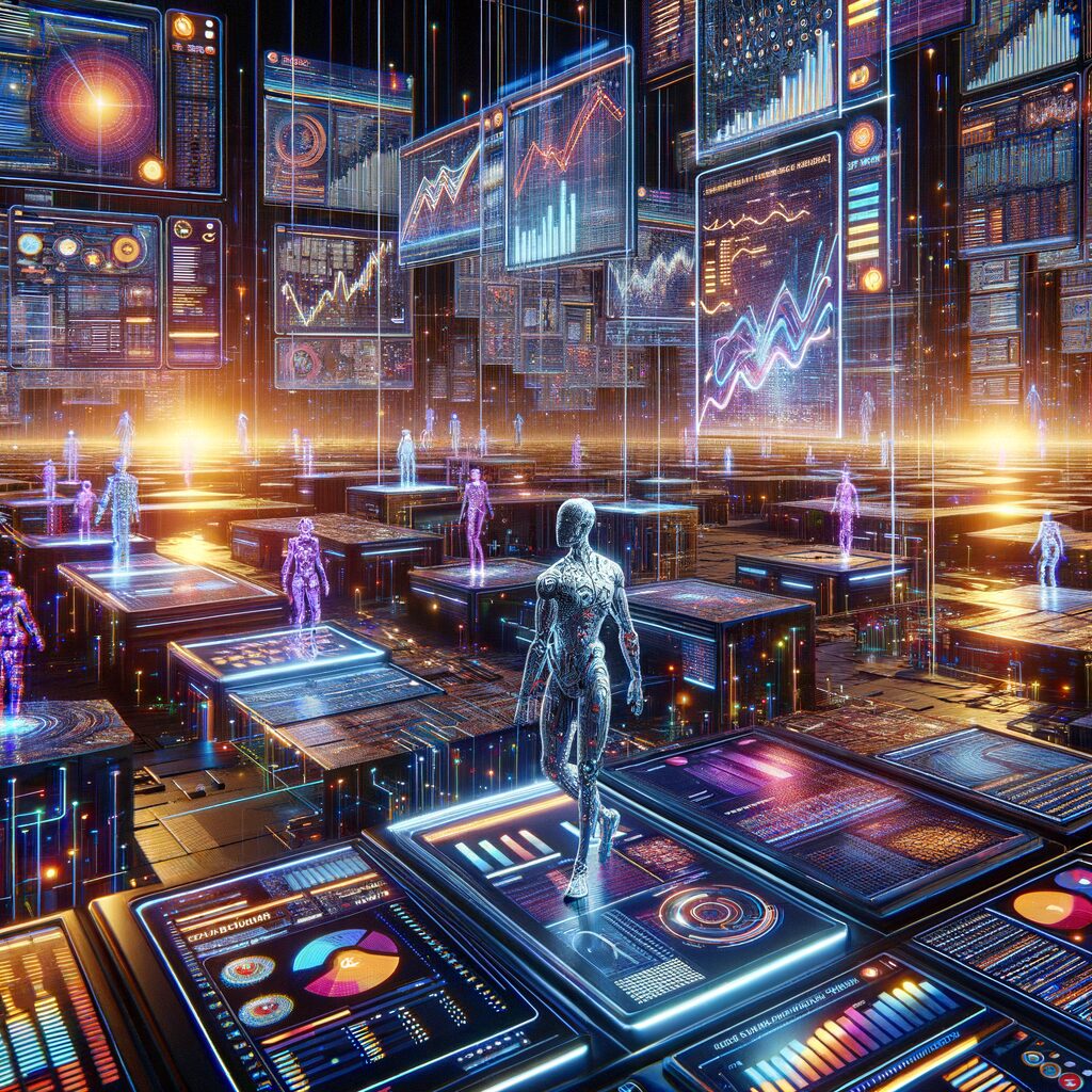 Futuristic AI agents navigating dynamic KPI dashboards.