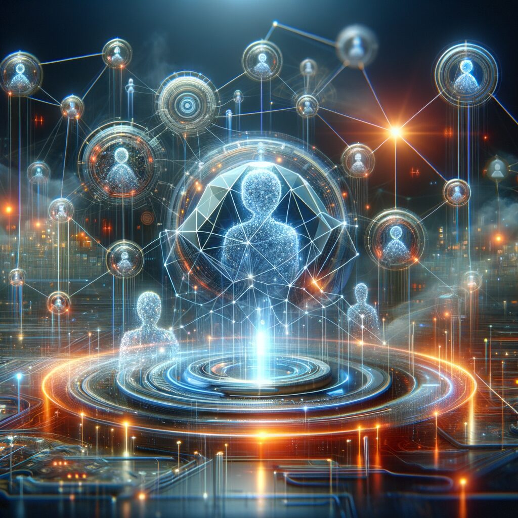 Futuristic AI agents optimizing dynamic networks.