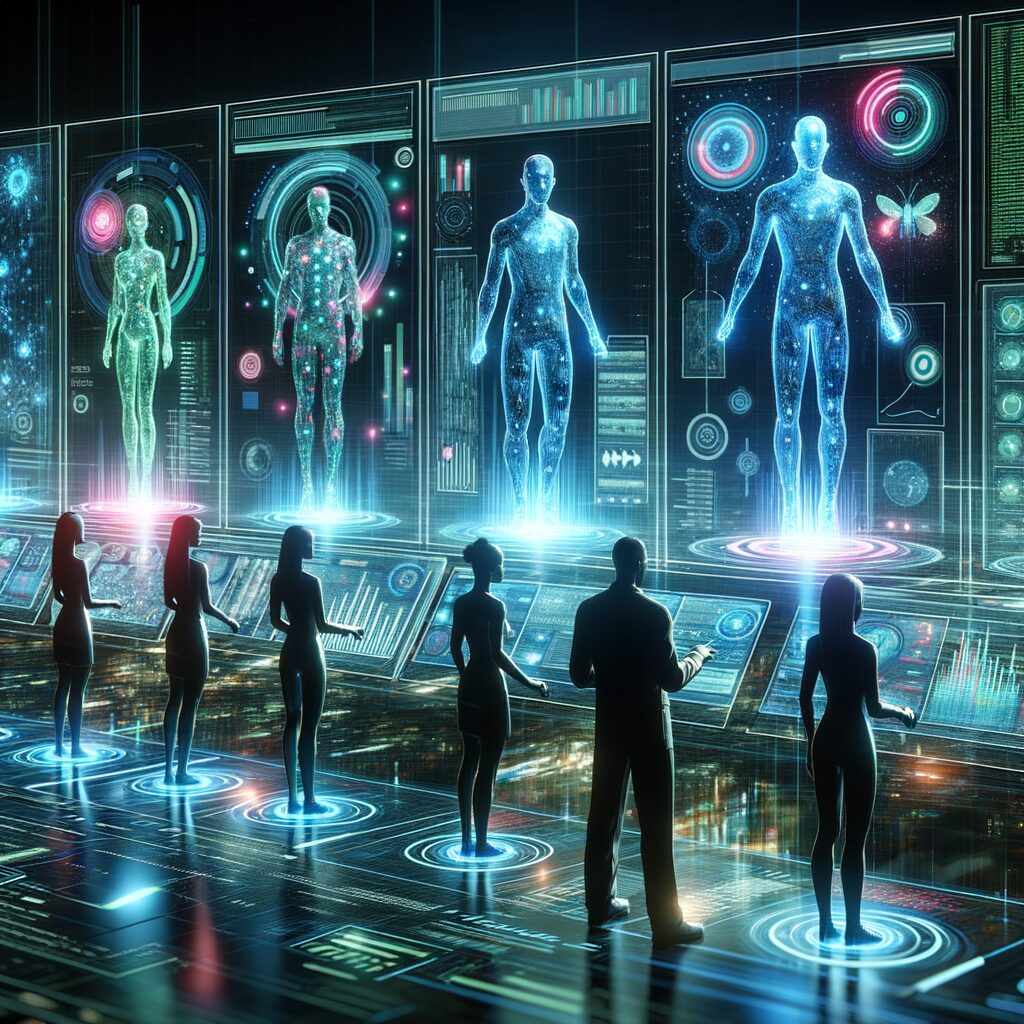 Futuristic AI agents visualize dynamic digital dashboard.
