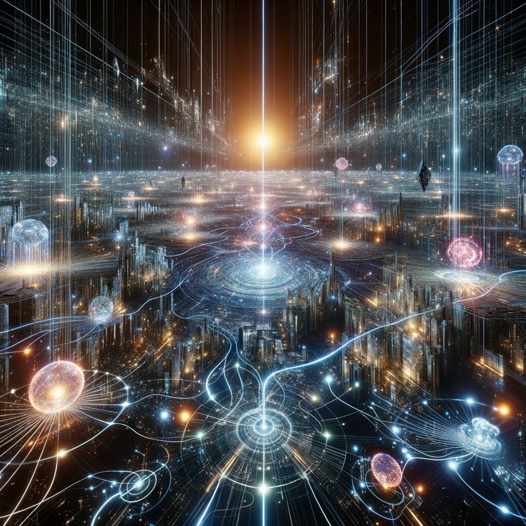 Futuristic AI network intertwining digital worlds.