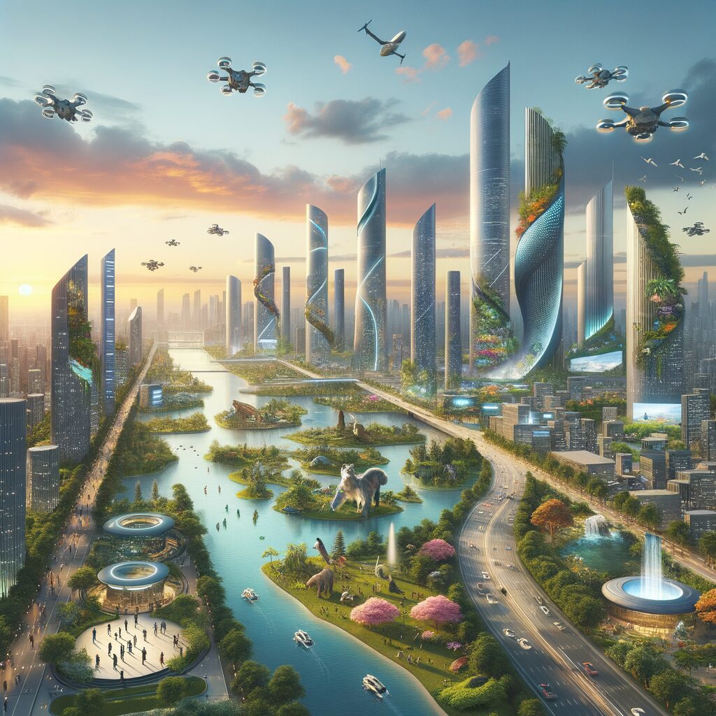 Futuristic cityscape blending technology and nature.