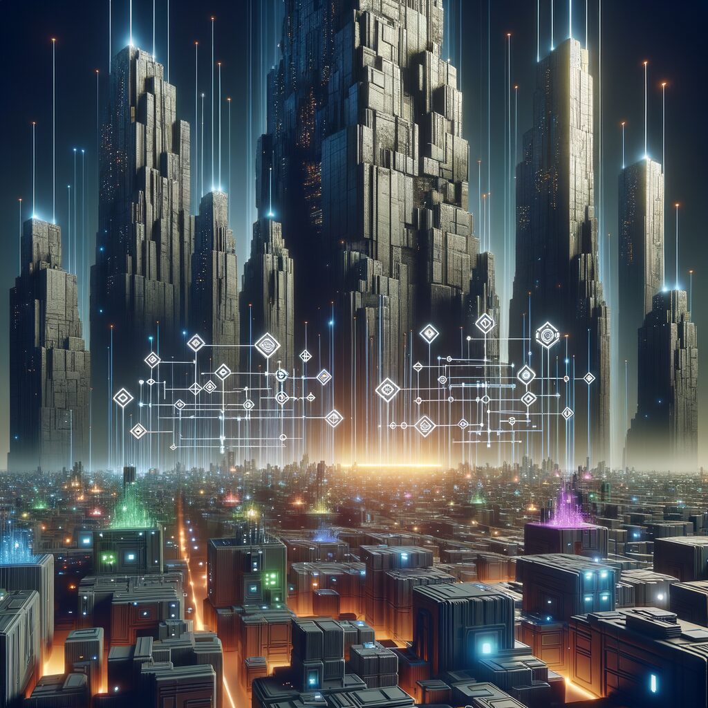 Futuristic cityscape contrasting monoliths and microservices.