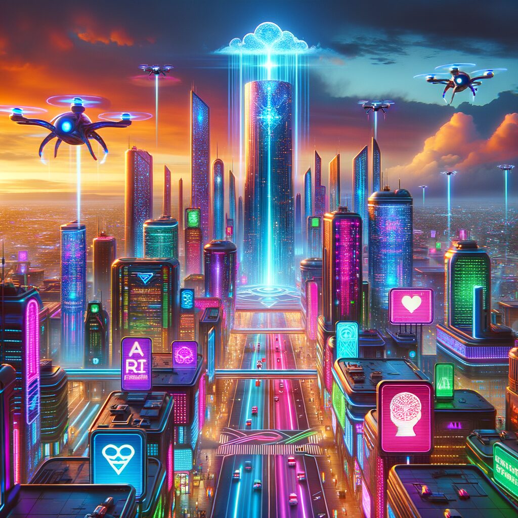 Futuristic cityscape with AI and dApps.