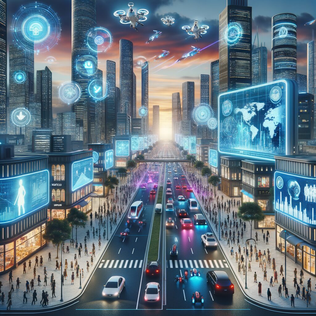 Futuristic cityscape with AI-driven digital interfaces.