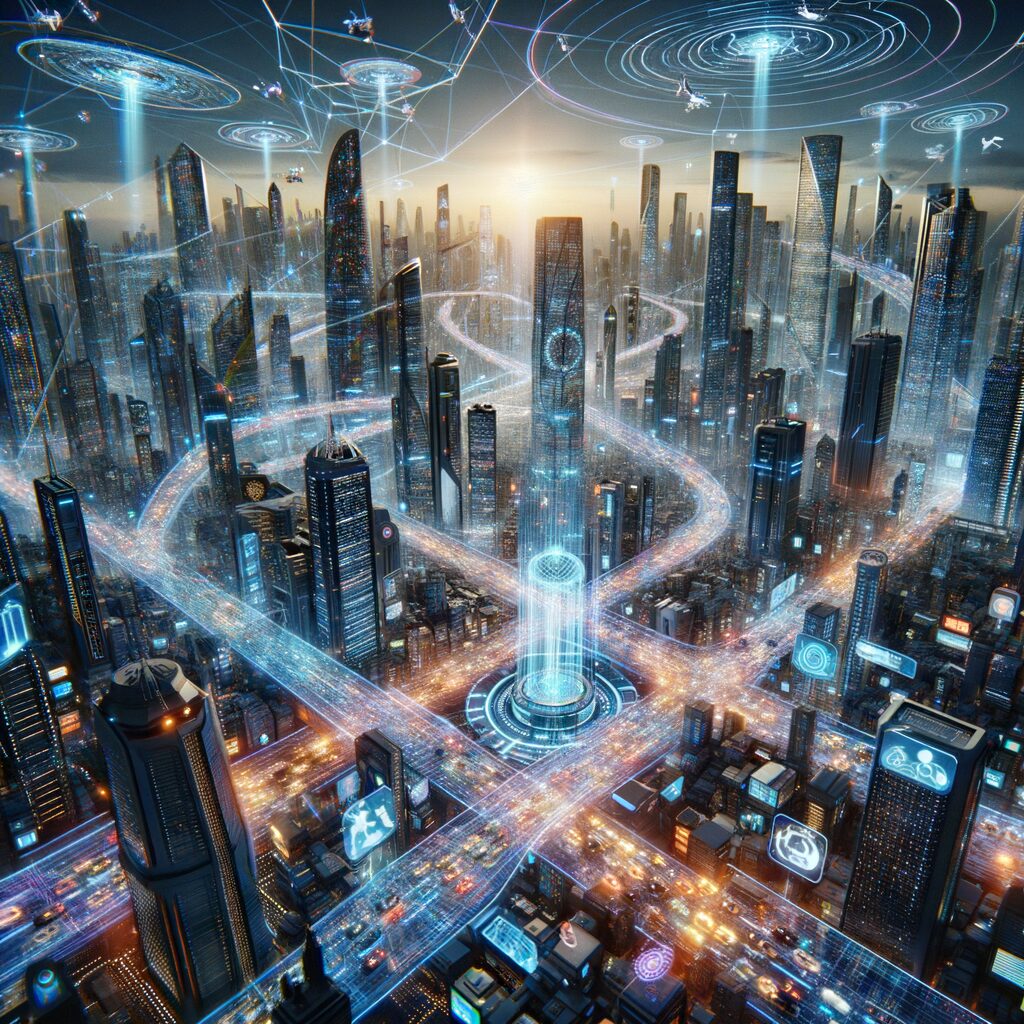 Futuristic cityscape with AI-driven technologies.