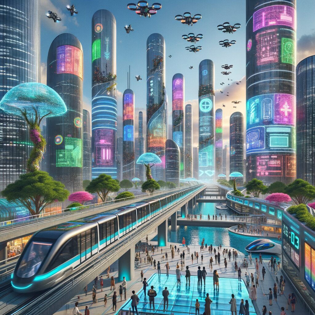 Futuristic cityscape with digital technology integration.