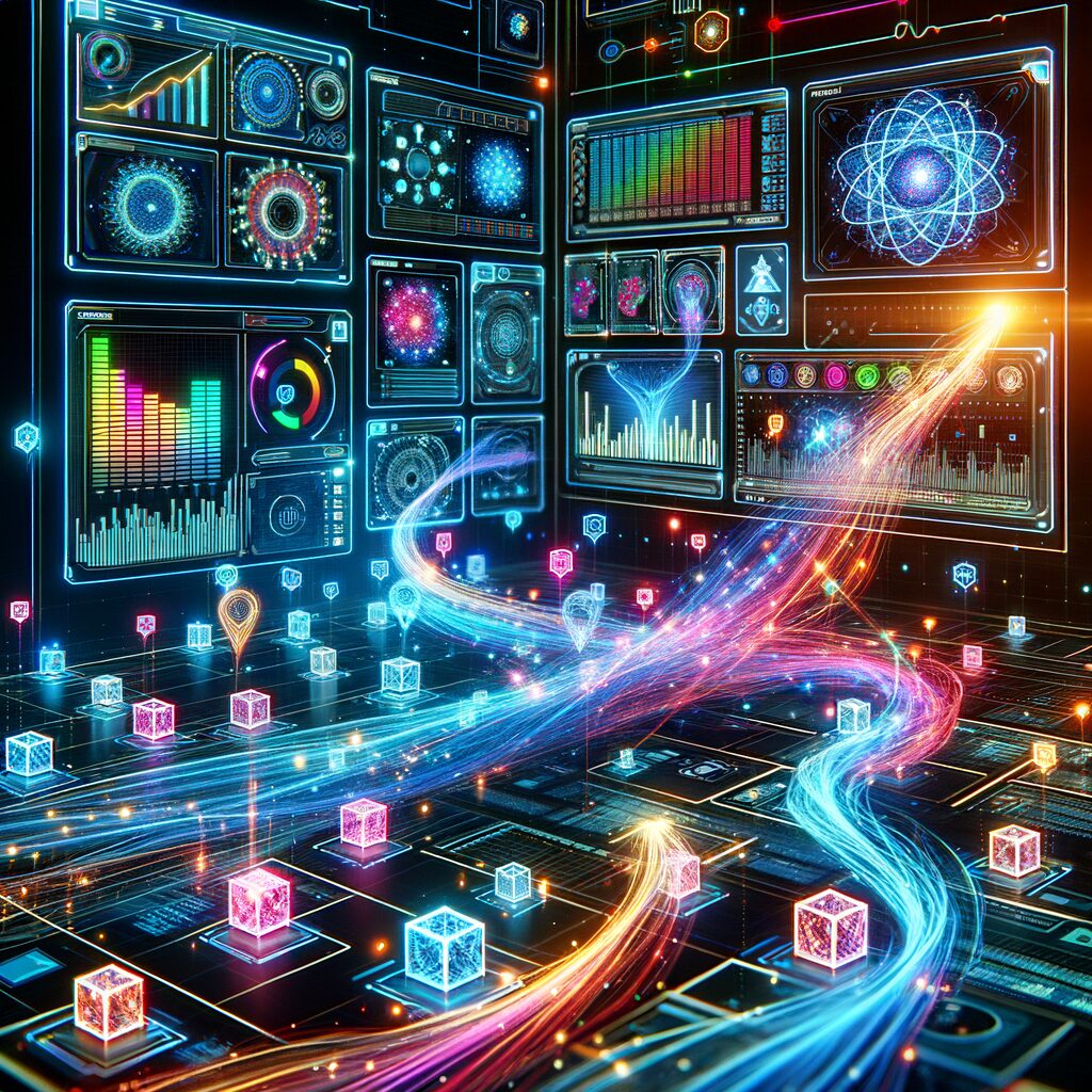 Futuristic digital dashboard merging AI blockchains.