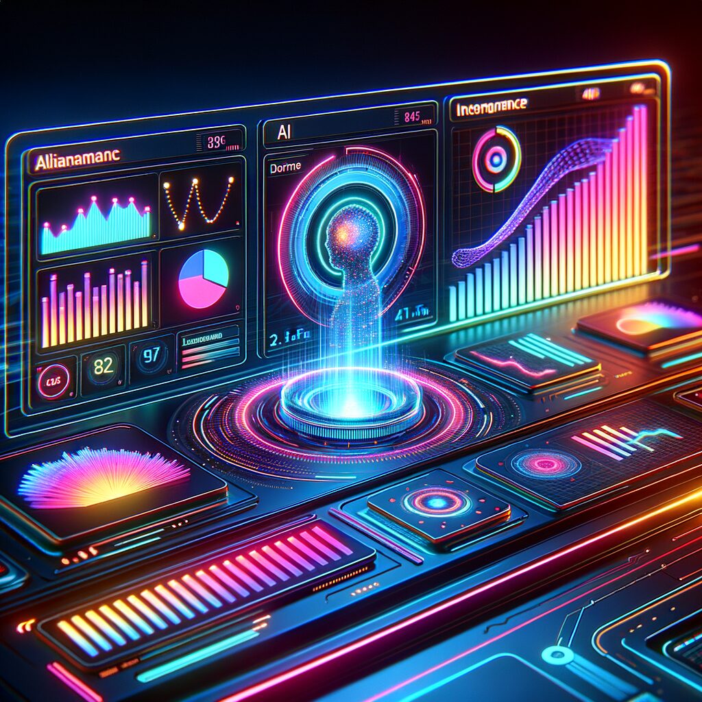 Futuristic digital dashboard visualizing AI metrics.
