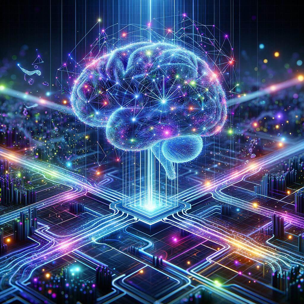 Futuristic digital ecosystem with AI integration.