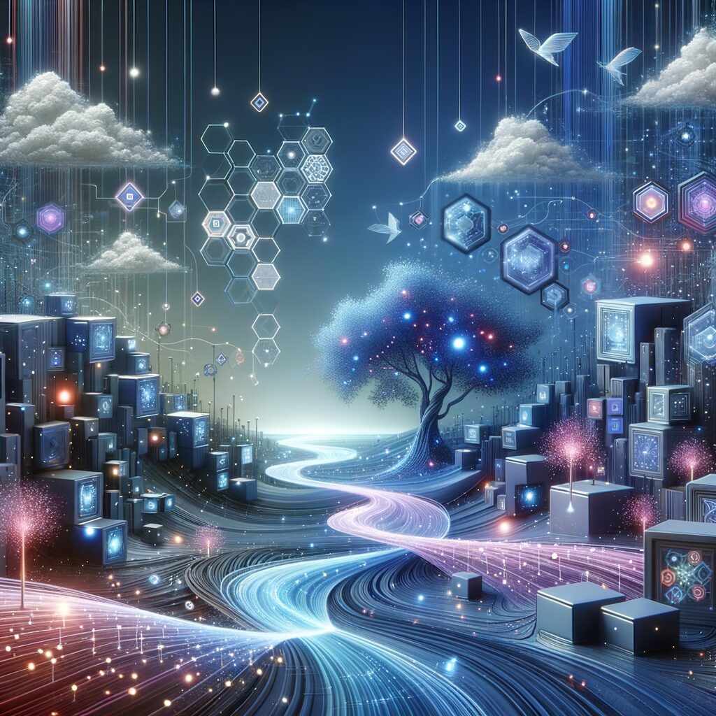 Futuristic digital ecosystem with interconnected microservices.
