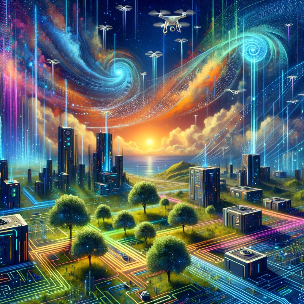 Futuristic digital landscape with AI collaboration.