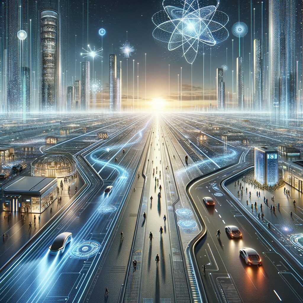 Futuristic digital landscape with ethical technology interactions.
