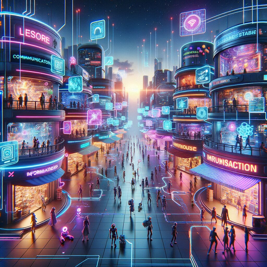 Futuristic digital marketplace with AI integration