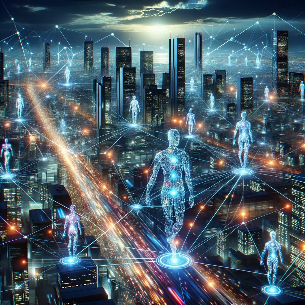 Futuristic digital network with AI agents.