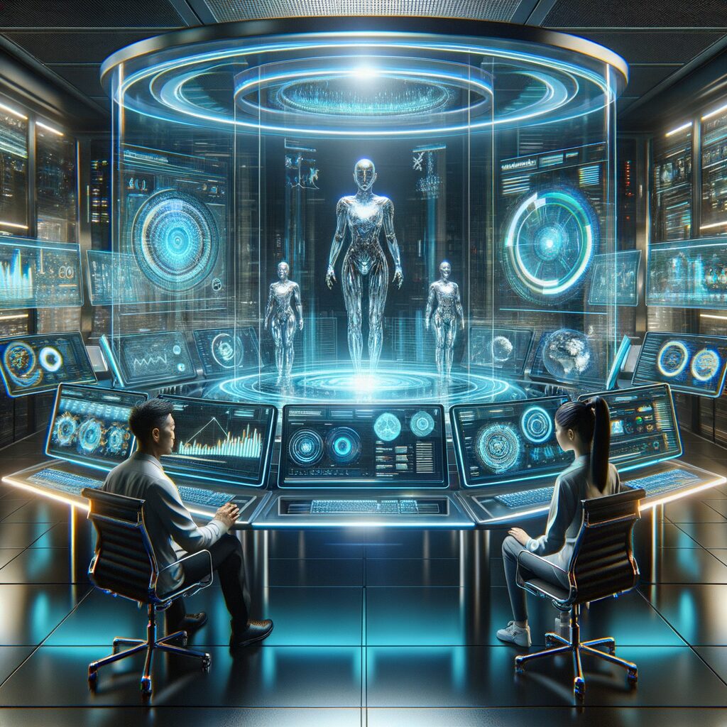 Futuristic digital workspace with AI and analytics.