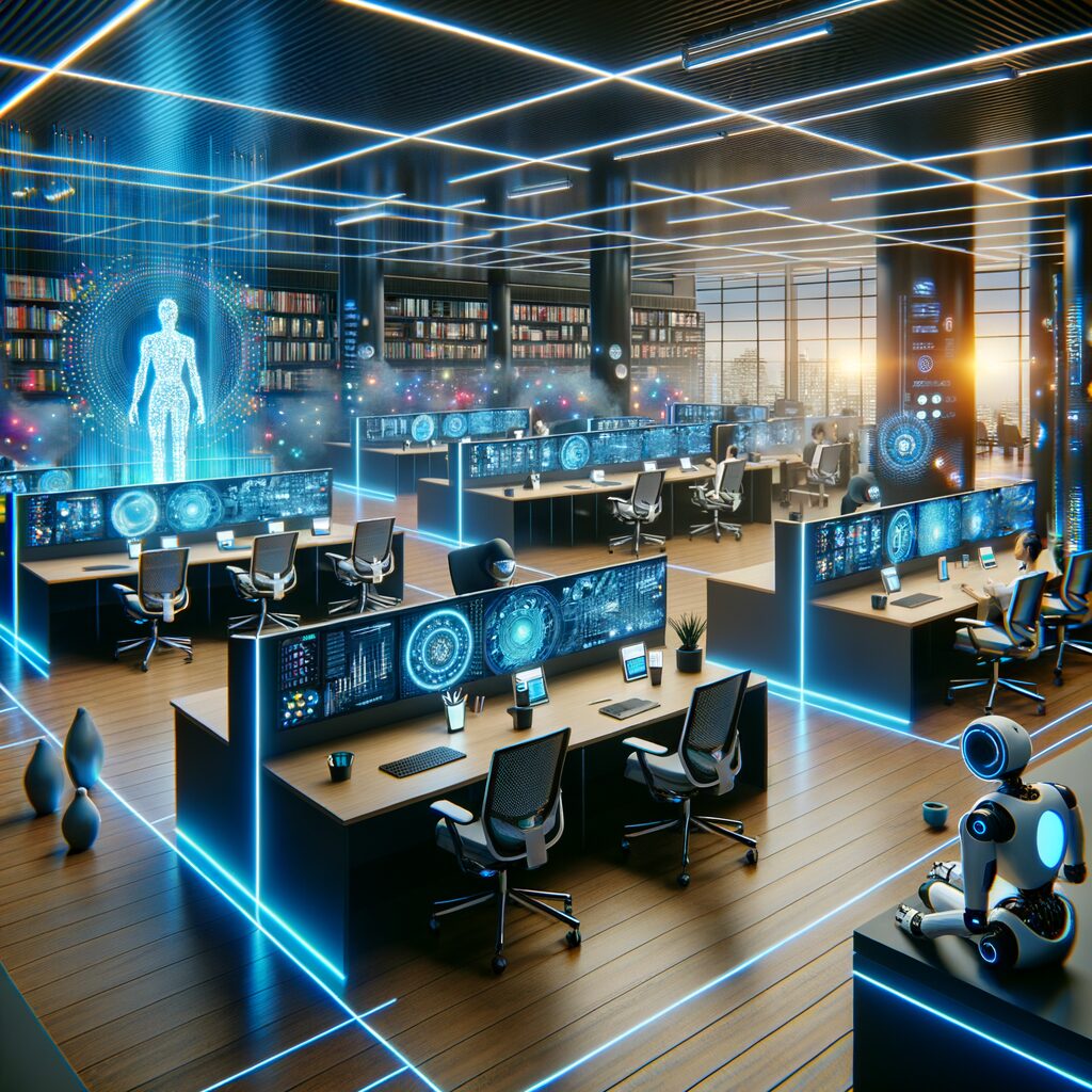 Futuristic digital workspace with AI integration.