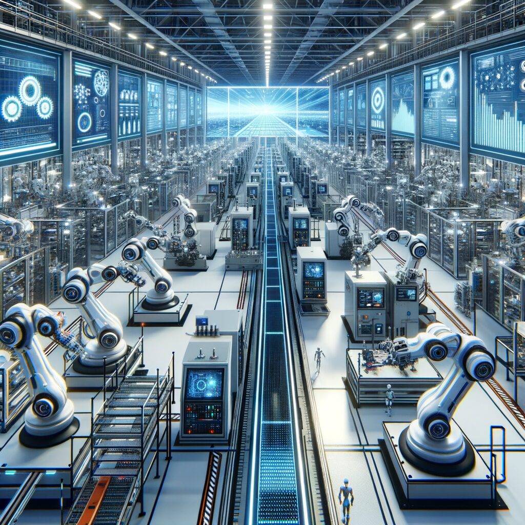Futuristic factory with AI-driven automation.
