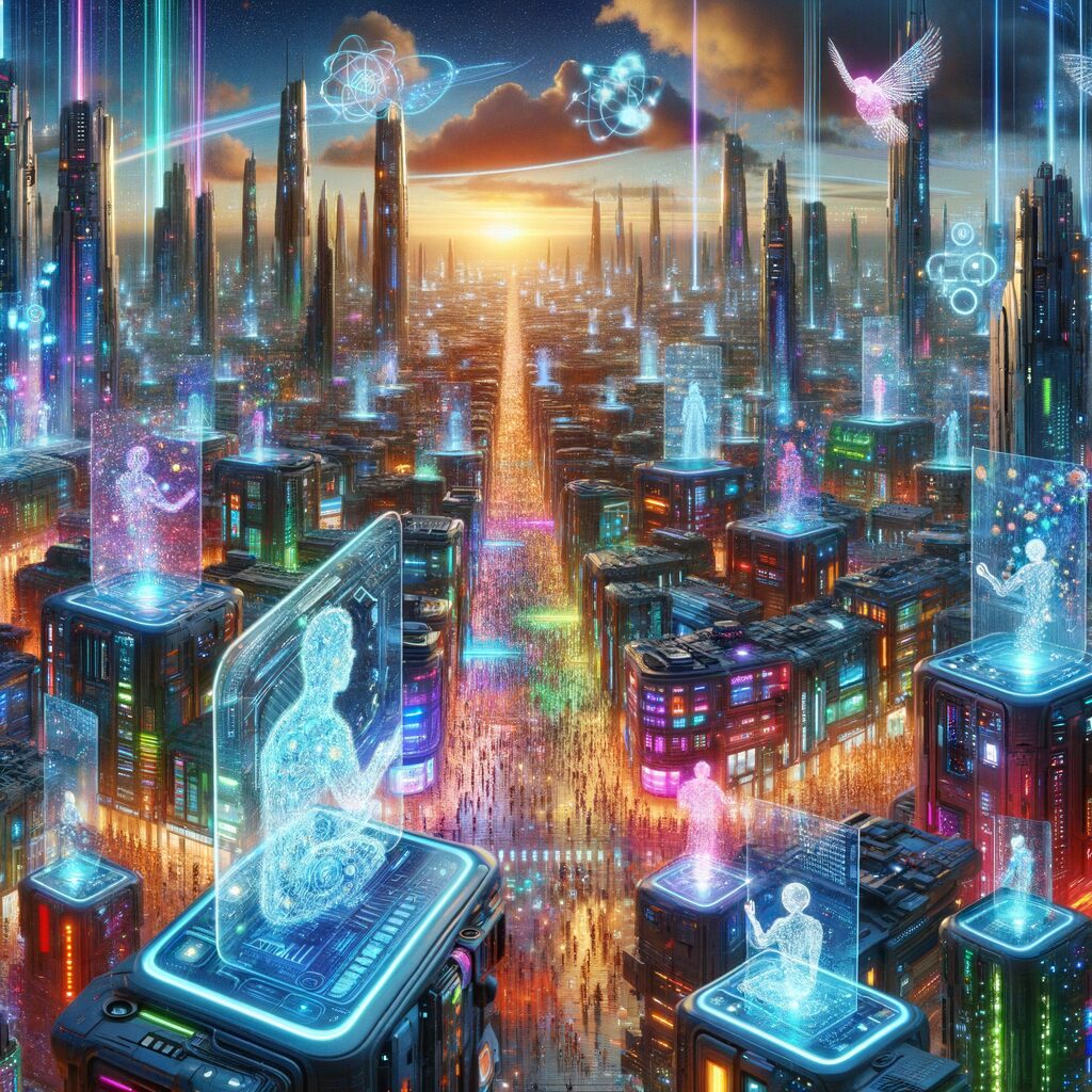 Futuristic landscape with AI-driven digital interactions.