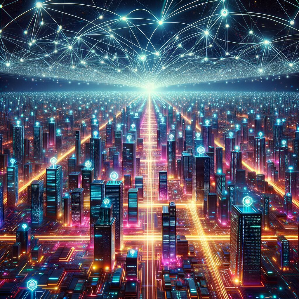 Futuristic network of glowing smart contracts.