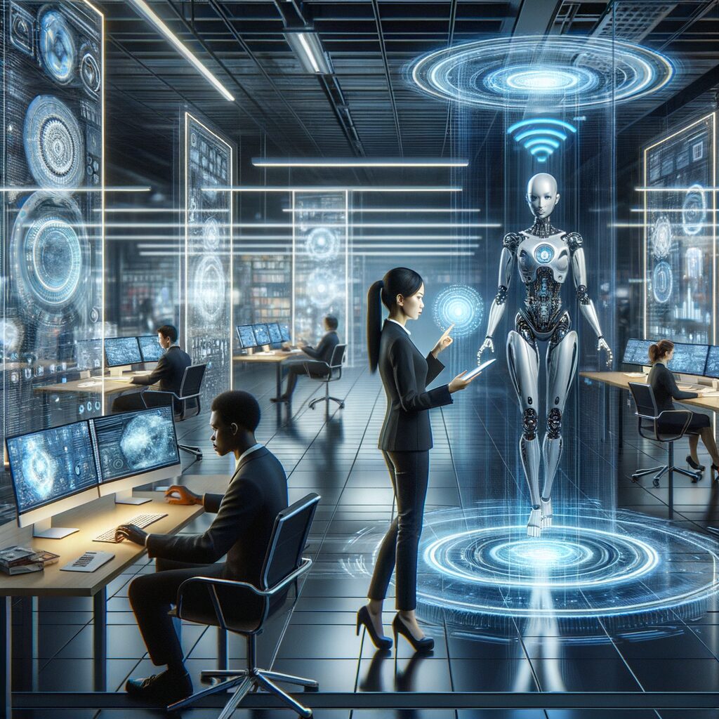 Futuristic workspace blending humans and AI.