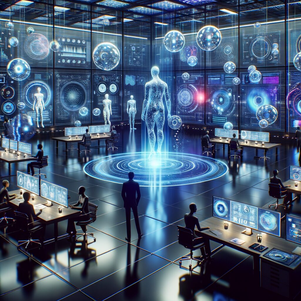 Futuristic workspace with AI agents collaborating.