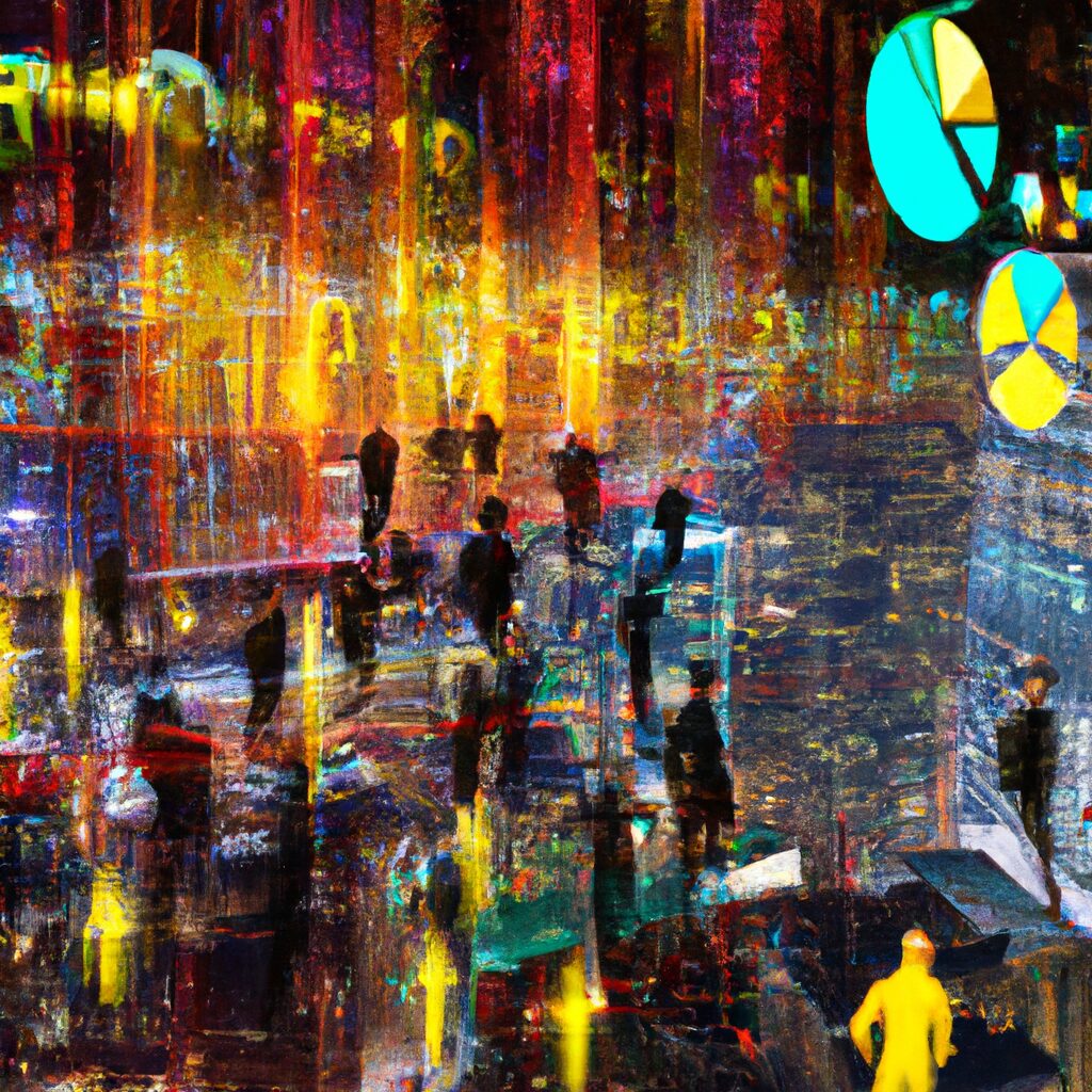 A colorful and dynamic digital cityscape bustling with interconnected organizations and individuals, with a prominent KPI Mega Dashboard at its center and AI-powered agents and artificial employees performing various tasks.