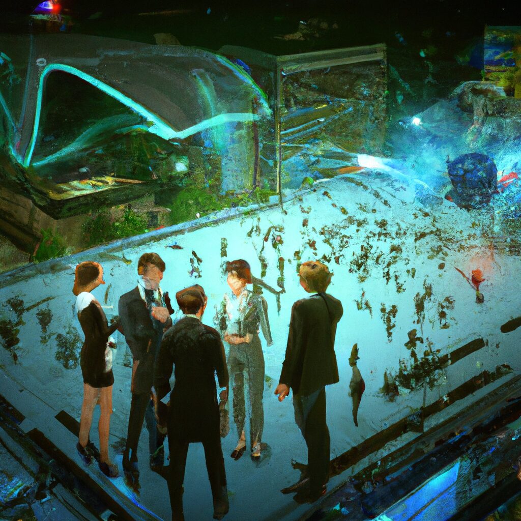 A futuristic digital cityscape with interconnected AI-powered devices and virtual employees working together.