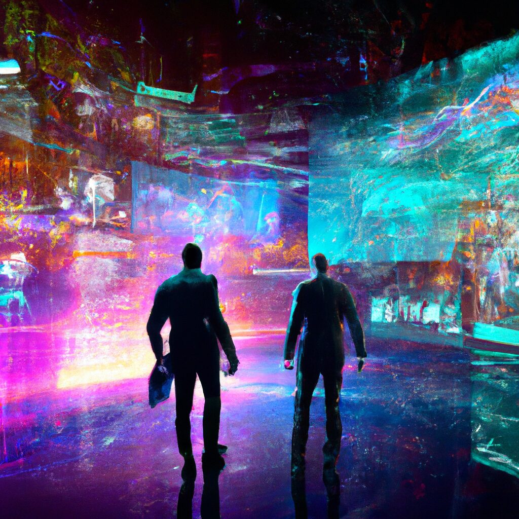 A futuristic digital landscape with interconnected AI-powered dashboards and virtual employees.
