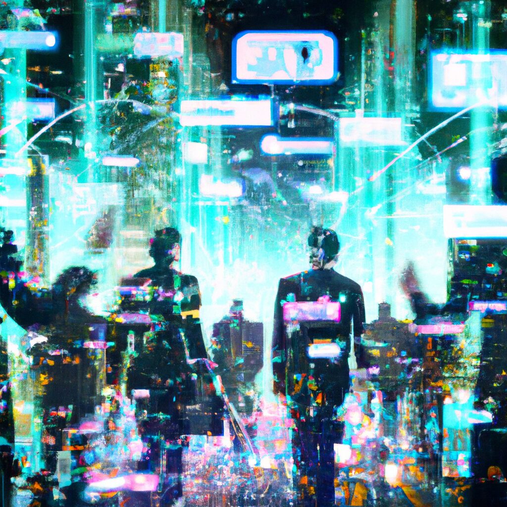 A futuristic digital landscape with interconnected data streams and virtual employees working alongside human employees.