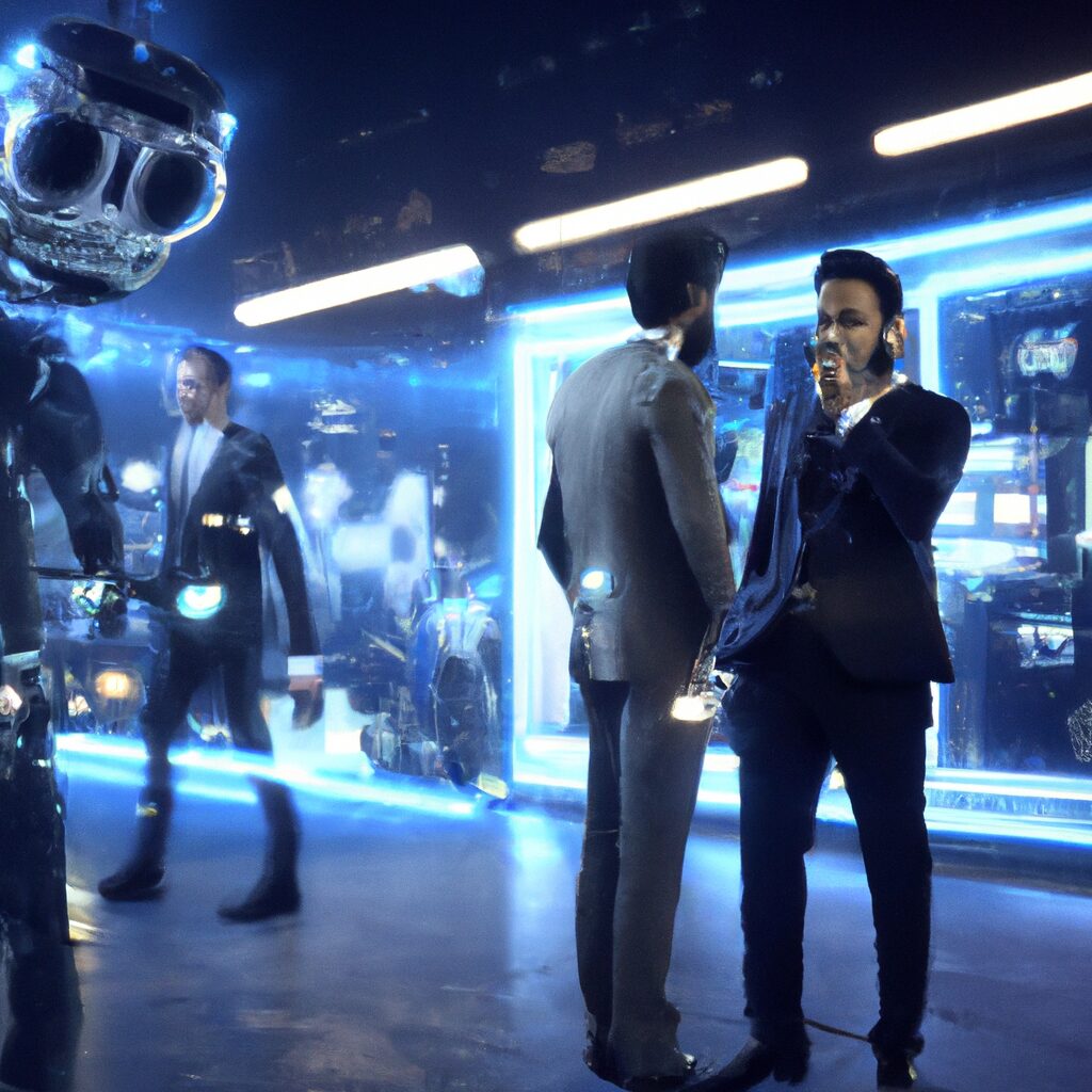 A futuristic digital workplace with AI-powered agents and employees collaborating seamlessly.
