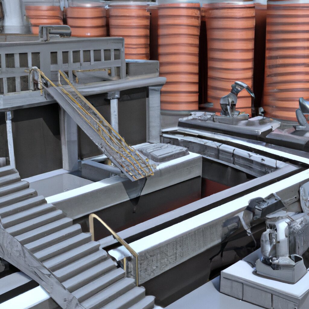 A futuristic factory with interconnected machines.