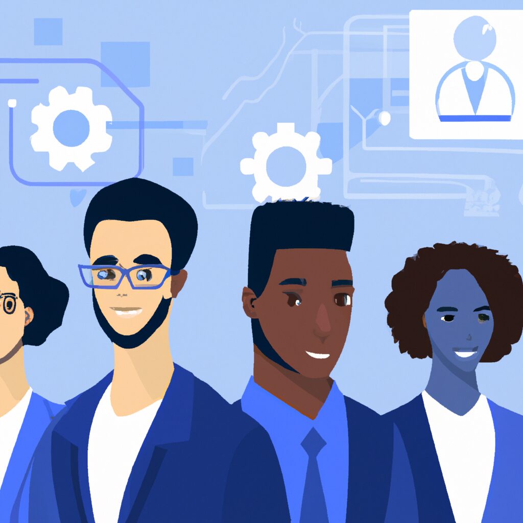An image of a diverse team of human employees and artificial agents working together in a digital environment.