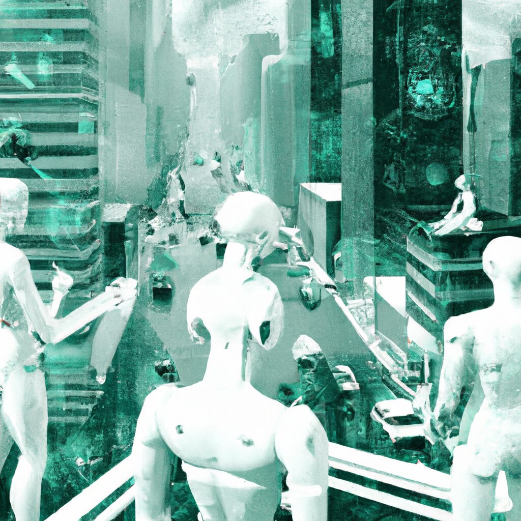 An image of a futuristic cityscape with interconnected digital devices and artificial intelligence-powered robots working alongside humans.