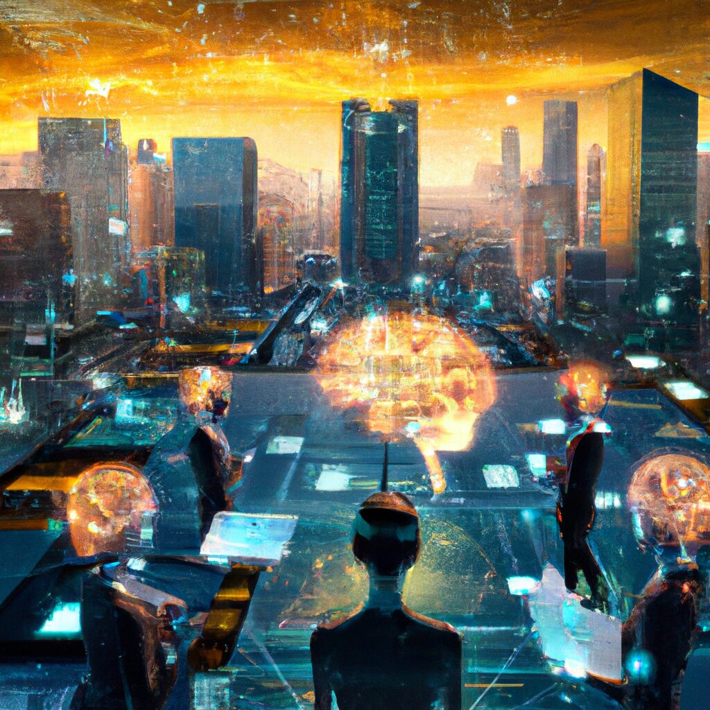 An image of a futuristic digital cityscape with interconnected devices and AI-powered agents collaborating with humans.