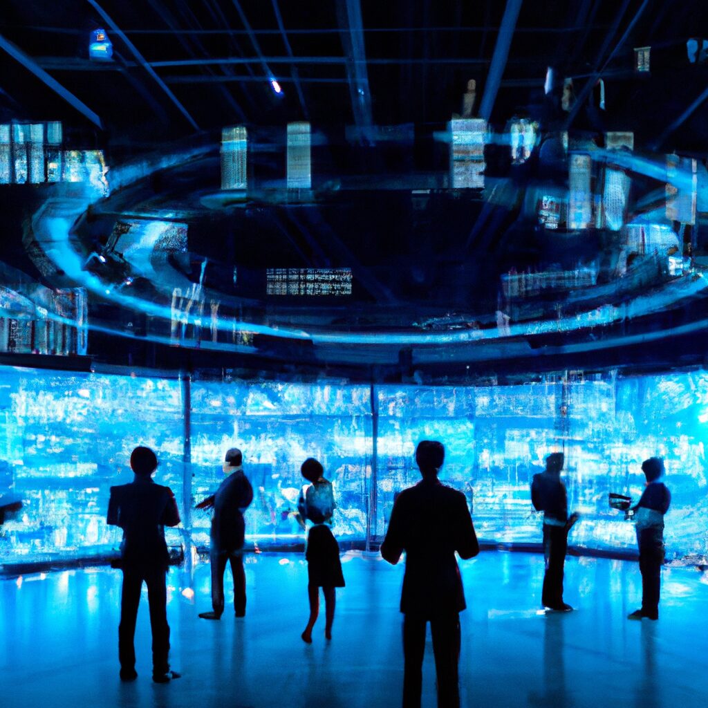 An image of a futuristic digital control room with screens displaying real-time data analysis and artificial agents working alongside human employees.