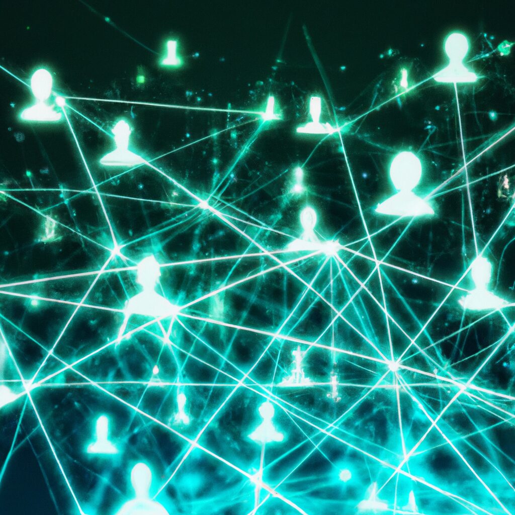 An image of a futuristic interconnected network of businesses, represented by vibrant lines and nodes, symbolizing the digital ecosystem and the collaborative nature of Web4.