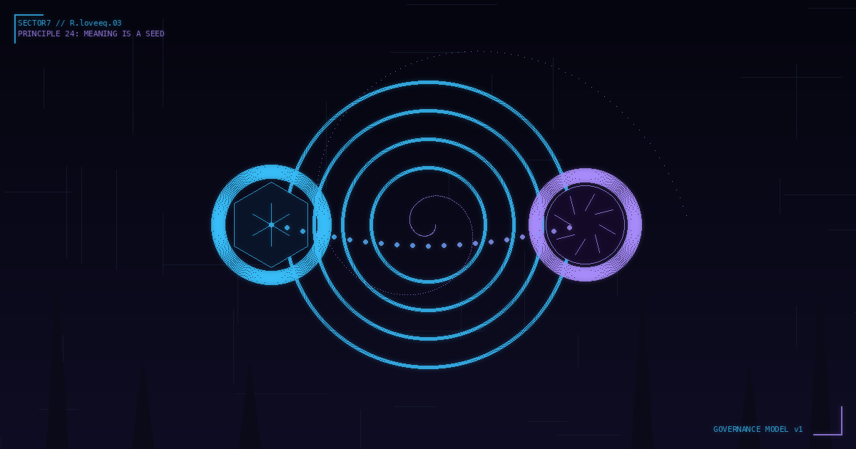 Two luminous nodes — AI agent and human — converging into a shared resonance field, cyberpunk goth style