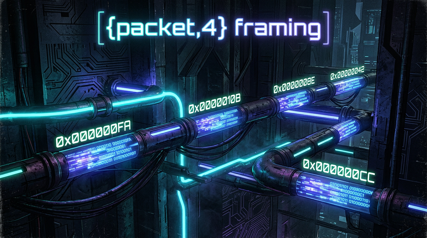 Cypherpunk goth illustration of binary data streams flowing through glowing neon pipes with length-prefix headers