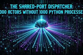 Shared-port dispatcher: one central hub routing a thousand actor signals across a dark cypherpunk-goth mesh