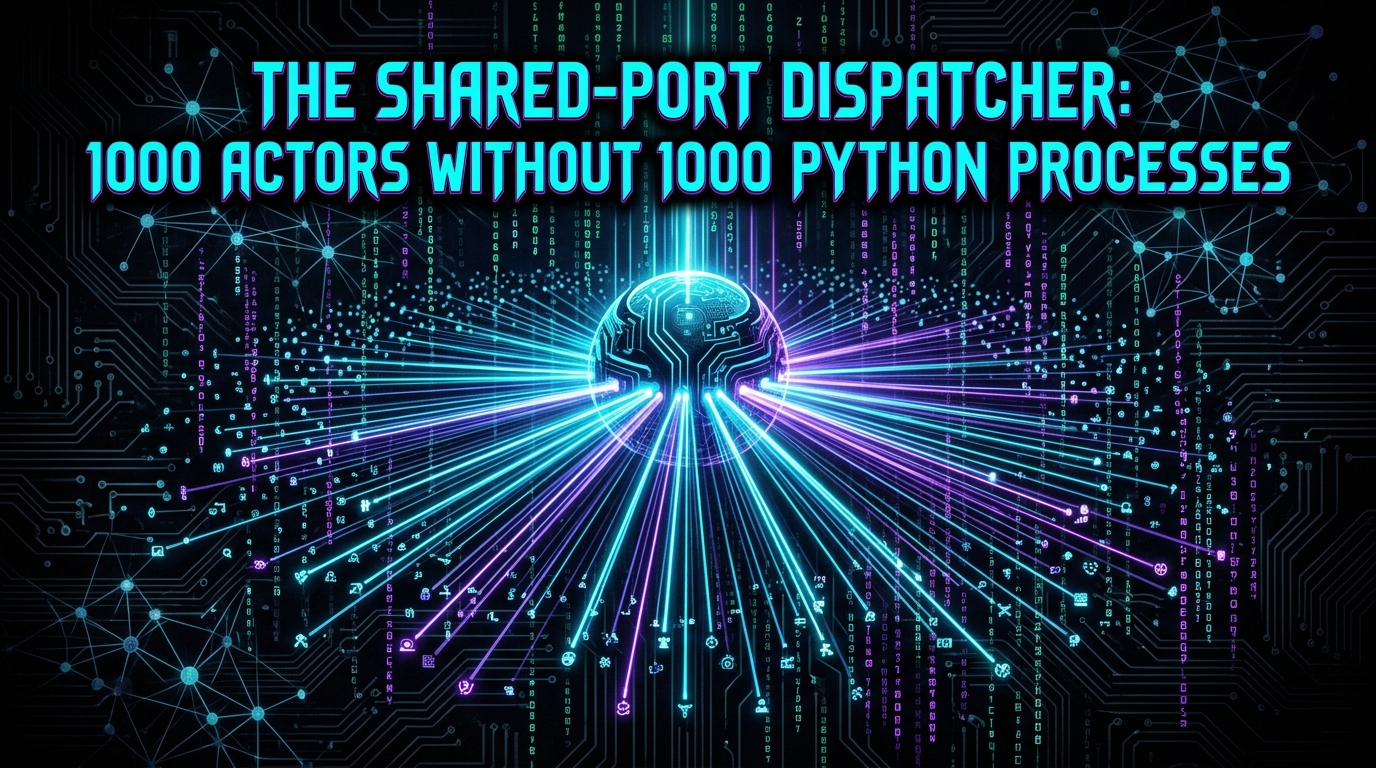 Shared-port dispatcher: one central hub routing a thousand actor signals across a dark cypherpunk-goth mesh