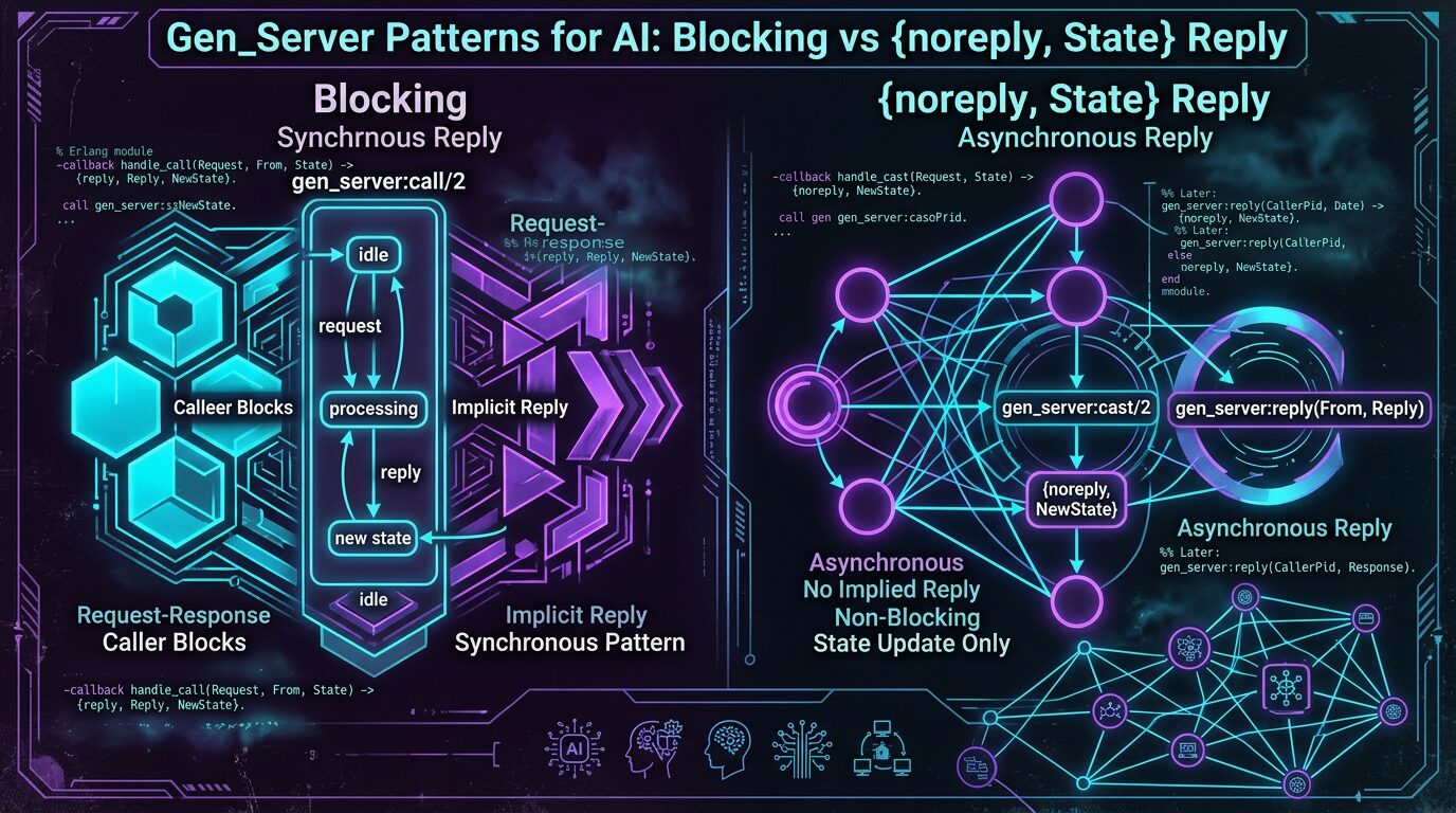 Gen_Server Patterns for AI: Blocking vs {noreply, State} Reply — cypherpunk goth aesthetic