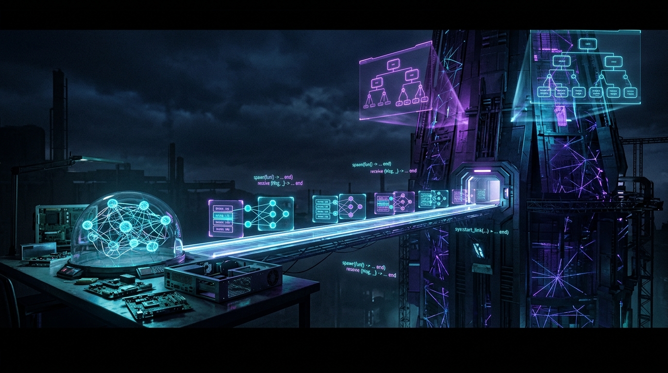 Cypherpunk goth artwork showing an Erlang agent mesh migrating from a prototype workbench across a luminous bridge to a production citadel, neon cyan and violet glow.