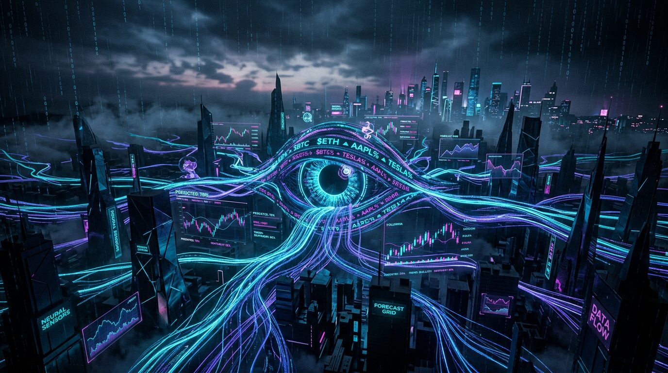Cypherpunk goth visualization of prediction market sensor networks with neon cyan and violet data streams