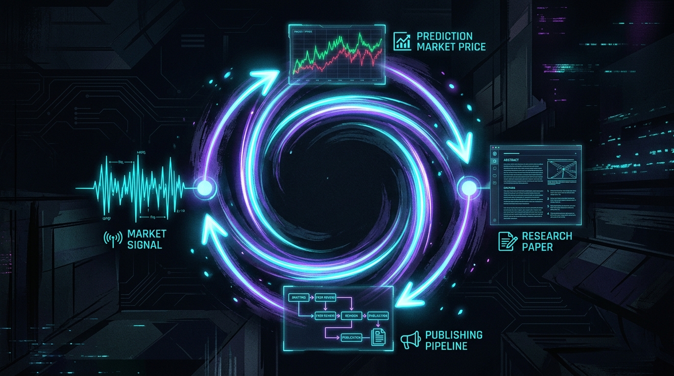 Cypherpunk goth feedback flywheel - neon cyan and violet light trails forming a closed cycle